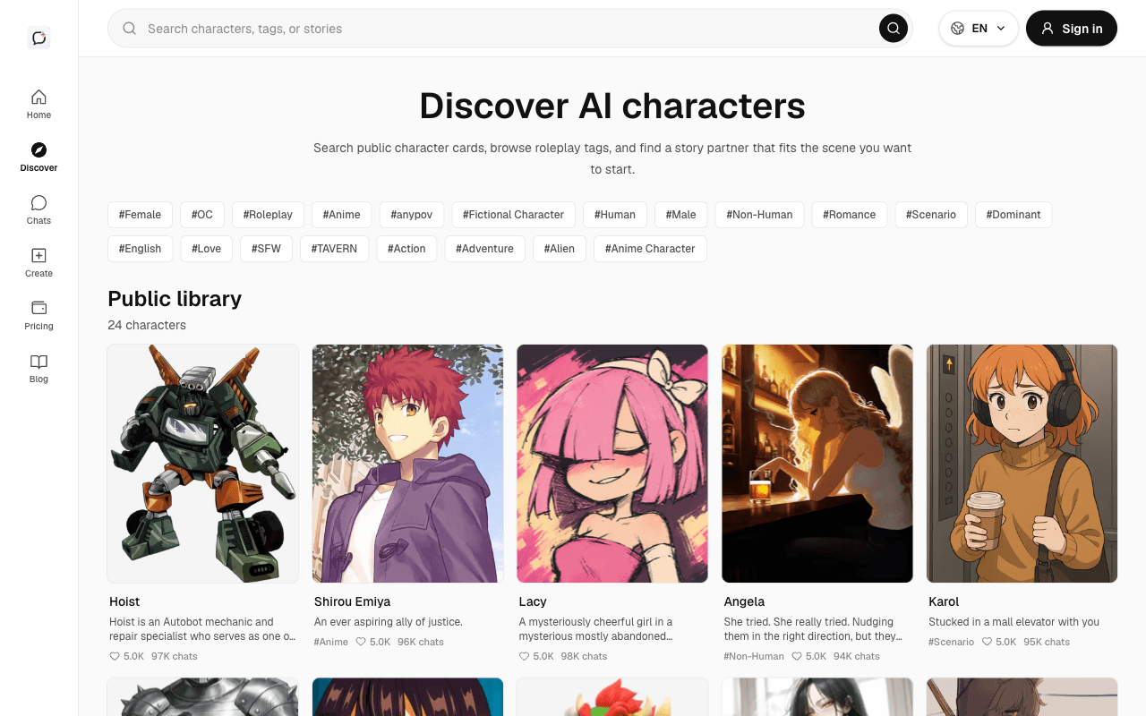 OnlyKin discover page with roleplay tags including Male and Romance