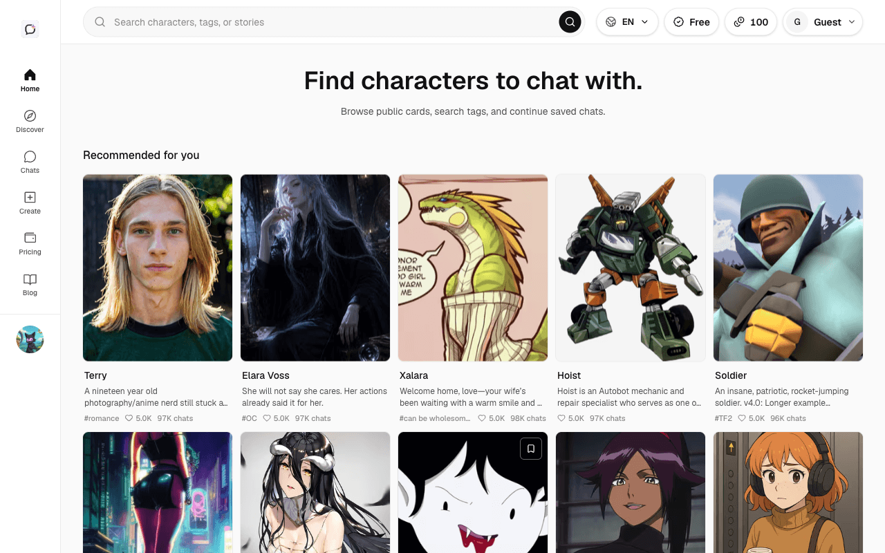 OnlyKin home feed showing public character cards with one-line taglines